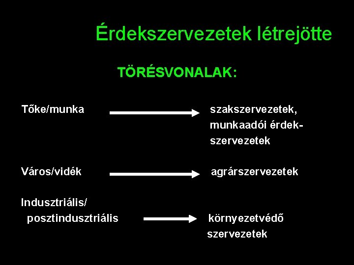 Érdekszervezetek létrejötte TÖRÉSVONALAK: Tőke/munka szakszervezetek, munkaadói érdekszervezetek Város/vidék agrárszervezetek Indusztriális/ posztindusztriális környezetvédő szervezetek 13