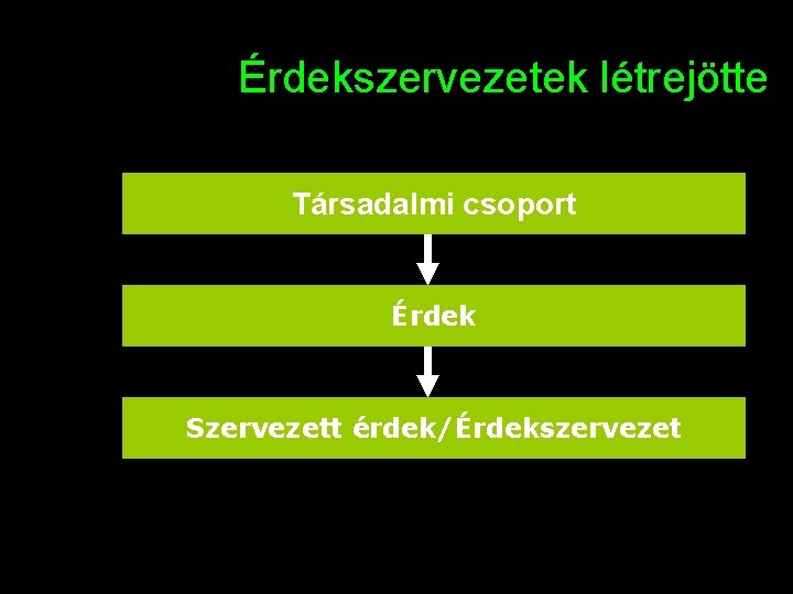 Érdekszervezetek létrejötte Társadalmi csoport Érdek Szervezett érdek/Érdekszervezet 8 