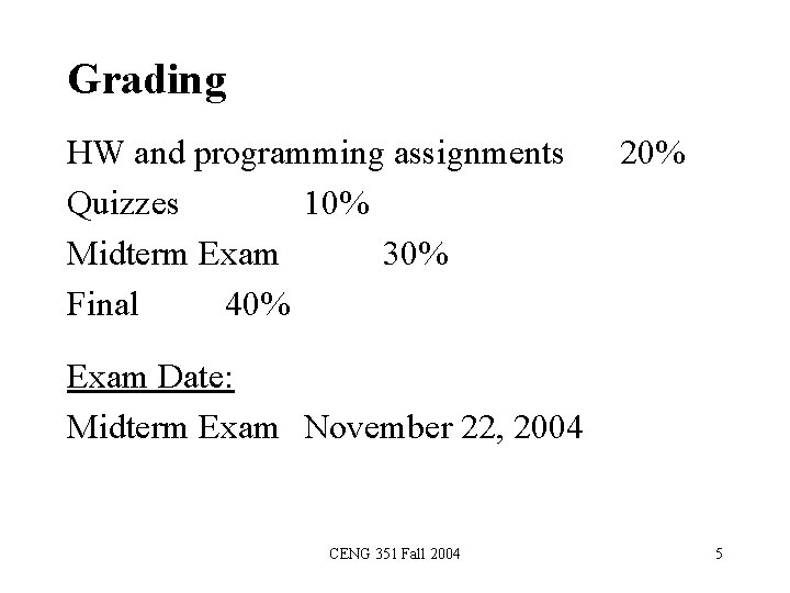 Grading HW and programming assignments Quizzes 10% Midterm Exam 30% Final 40% 20% Exam