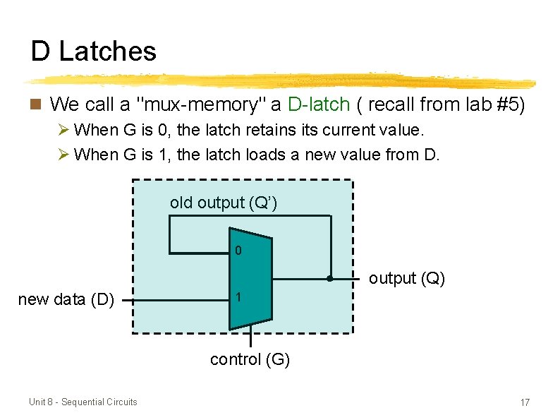 D Latches n We call a "mux-memory" a D-latch ( recall from lab #5)