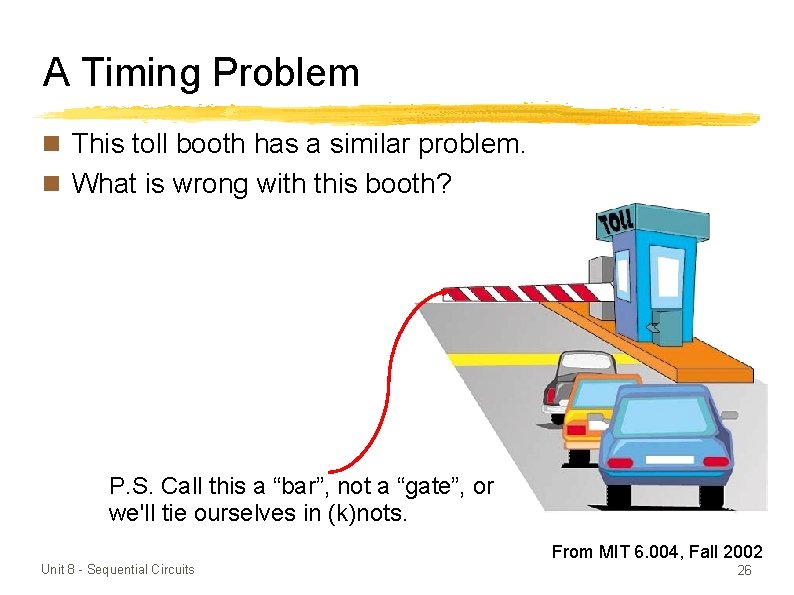 A Timing Problem n This toll booth has a similar problem. n What is