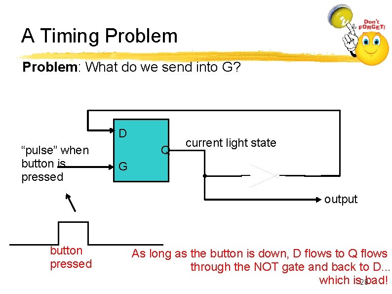 A Timing Problem: What do we send into G? D “pulse” when button is