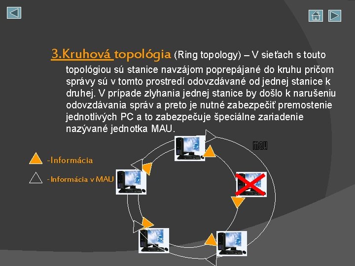 3. Kruhová topológia (Ring topology) – V sieťach s touto topológiou sú stanice navzájom