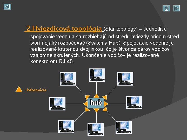 2. Hviezdicová topológia (Star topology) – Jednotlivé spojovacie vedenia sa rozbiehajú od stredu hviezdy