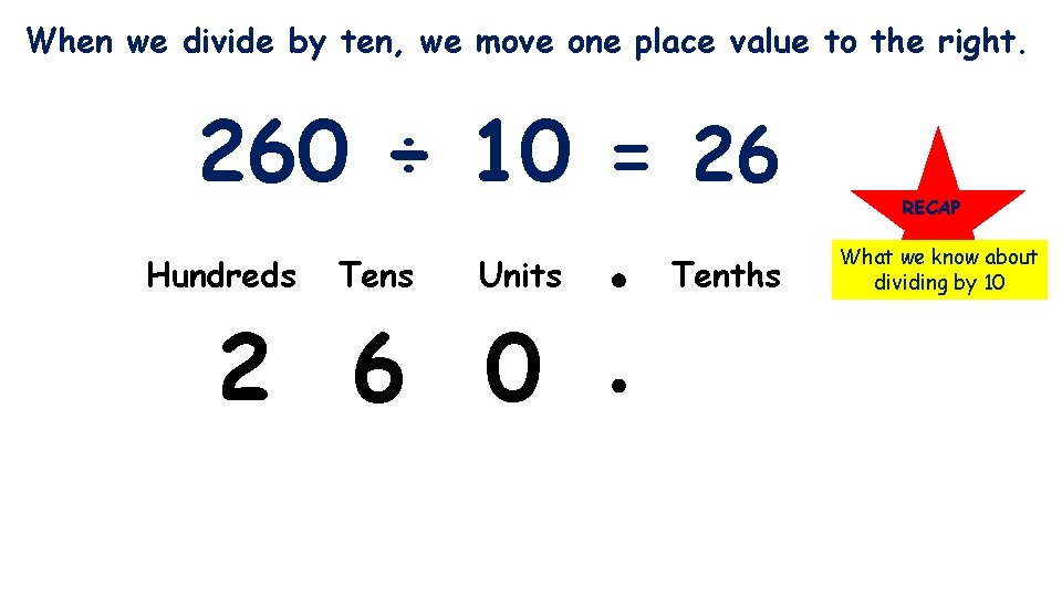 When we divide by ten, we move one place value to the right. 260