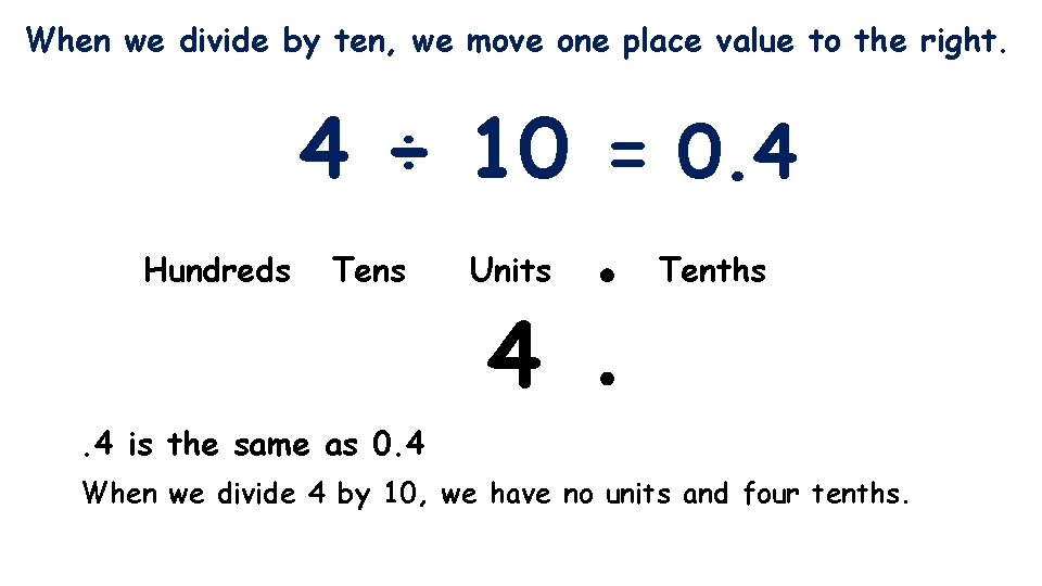 When we divide by ten, we move one place value to the right. 4