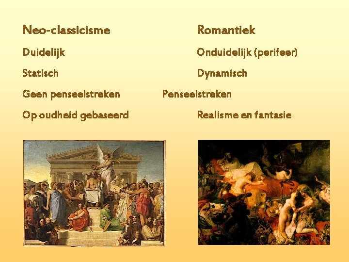Neo-classicisme Romantiek Duidelijk Onduidelijk (perifeer) Statisch Dynamisch Geen penseelstreken Op oudheid gebaseerd Penseelstreken Realisme Neo-classicisme Romantiek Duidelijk Onduidelijk (perifeer) Statisch Dynamisch Geen penseelstreken Op oudheid gebaseerd Penseelstreken Realisme