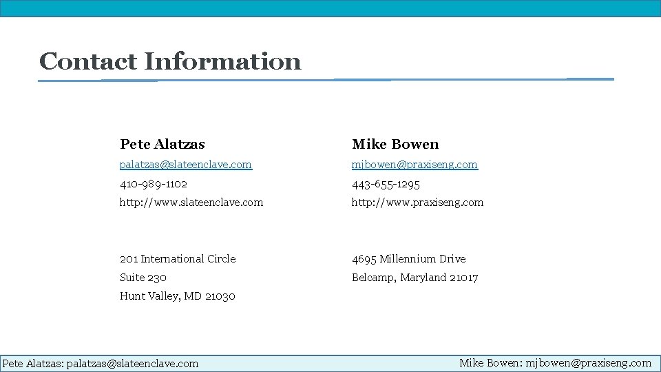 Contact Information Pete Alatzas Mike Bowen palatzas@slateenclave. com mjbowen@praxiseng. com 410 -989 -1102 443