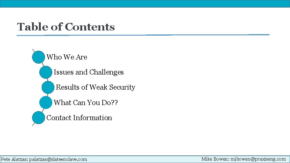 Table of Contents Who We Are Issues and Challenges Results of Weak Security What