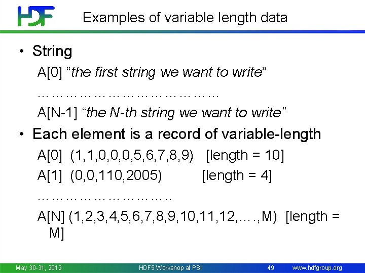 Examples of variable length data • String A[0] “the first string we want to