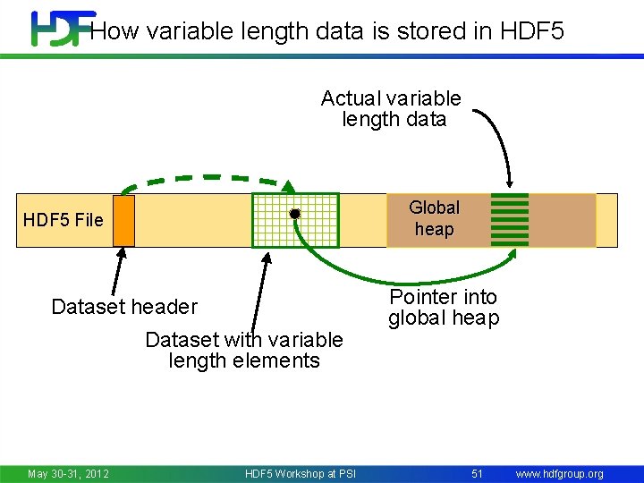 How variable length data is stored in HDF 5 Actual variable length data Global