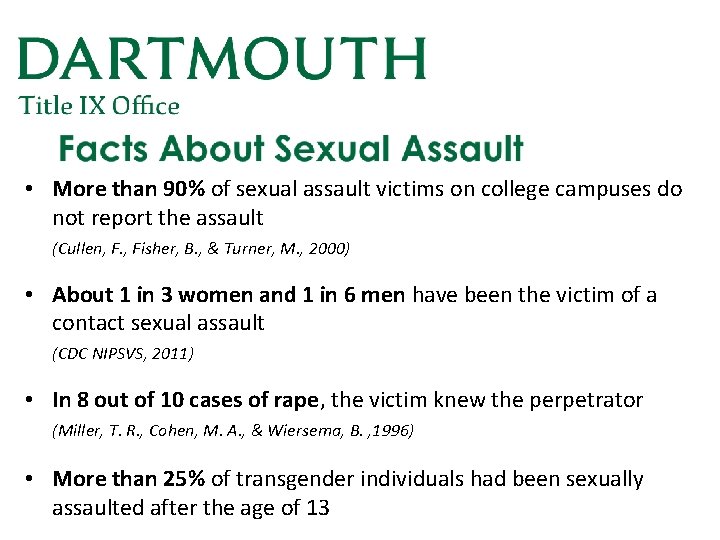  • More than 90% of sexual assault victims on college campuses do not