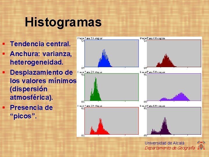 Histogramas § Tendencia central. § Anchura: varianza, heterogeneidad. § Desplazamiento de los valores mínimos