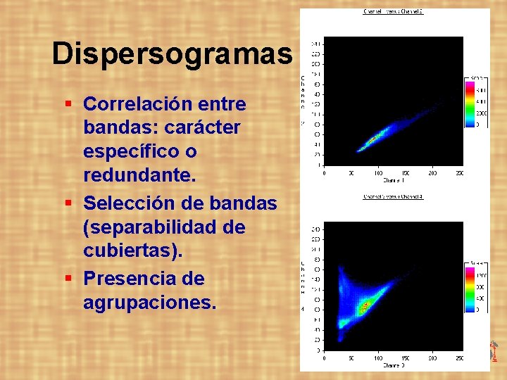 Dispersogramas § Correlación entre bandas: carácter específico o redundante. § Selección de bandas (separabilidad