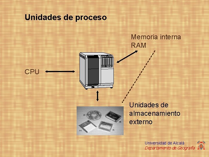 Unidades de proceso Memoria interna RAM CPU Unidades de almacenamiento externo Universidad de Alcalá