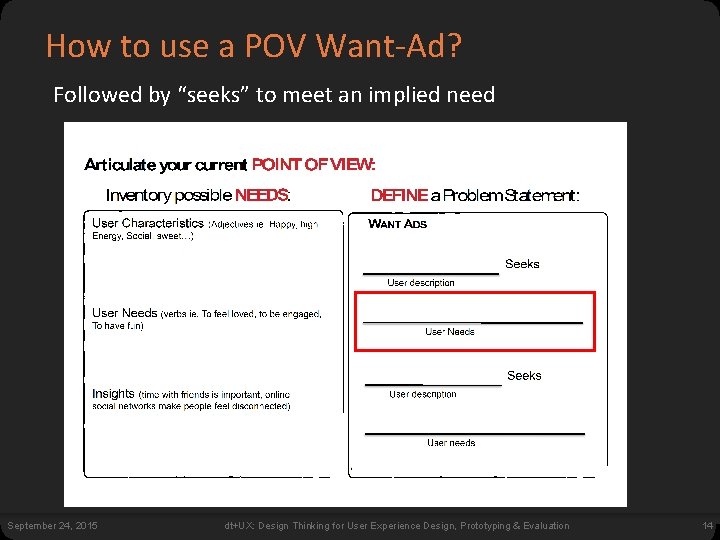 How to use a POV Want-Ad? Followed by “seeks” to meet an implied need