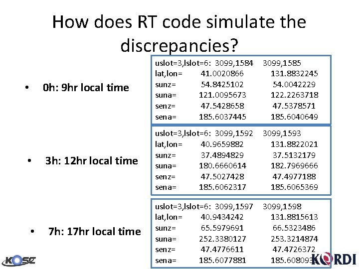 How does RT code simulate the discrepancies? 0 h: 9 hr local time •