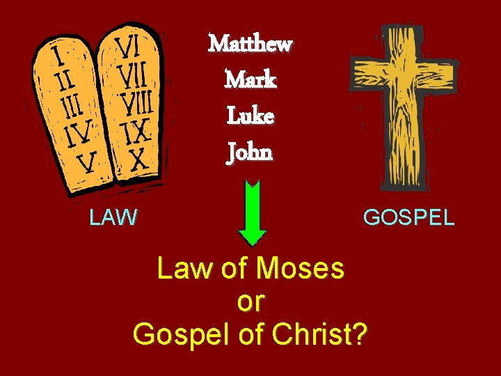 Matthew Mark Luke John LAW GOSPEL Law of Moses or Gospel of Christ? 
