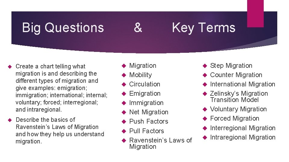 Big Questions & Create a chart telling what migration is and describing the different Big Questions & Create a chart telling what migration is and describing the different