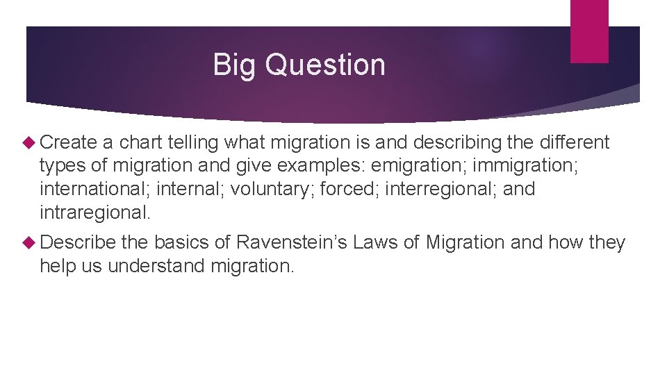 Big Question Create a chart telling what migration is and describing the different types Big Question Create a chart telling what migration is and describing the different types