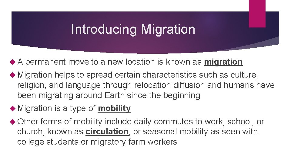 Introducing Migration A permanent move to a new location is known as migration Migration Introducing Migration A permanent move to a new location is known as migration Migration