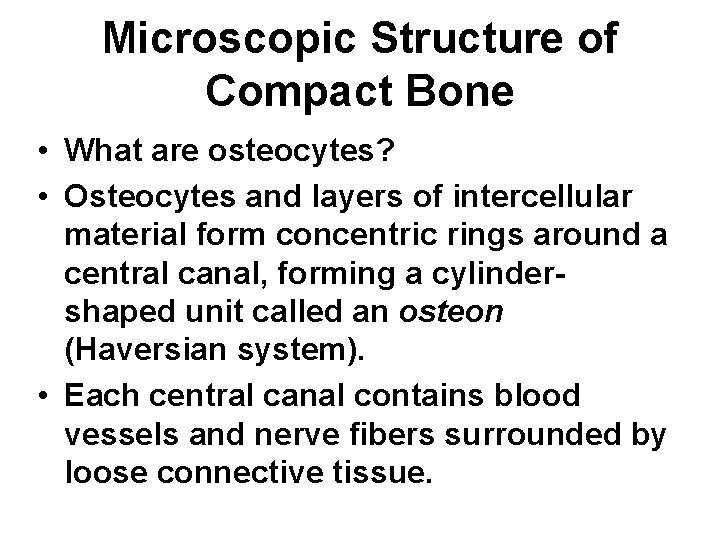 Microscopic Structure of Compact Bone • What are osteocytes? • Osteocytes and layers of