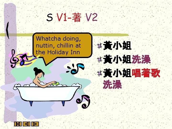 S V 1 -著 V 2 Whatcha doing, nuttin, chillin at the Holiday Inn