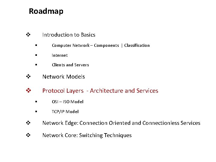 Roadmap Introduction to Basics v § Computer Network – Components | Classification § Internet Roadmap Introduction to Basics v § Computer Network – Components | Classification § Internet