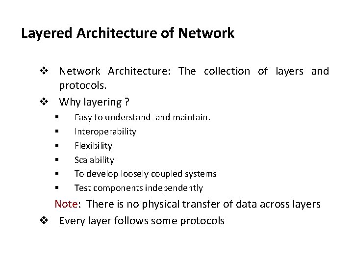 Layered Architecture of Network v Network Architecture: The collection of layers and protocols. v Layered Architecture of Network v Network Architecture: The collection of layers and protocols. v