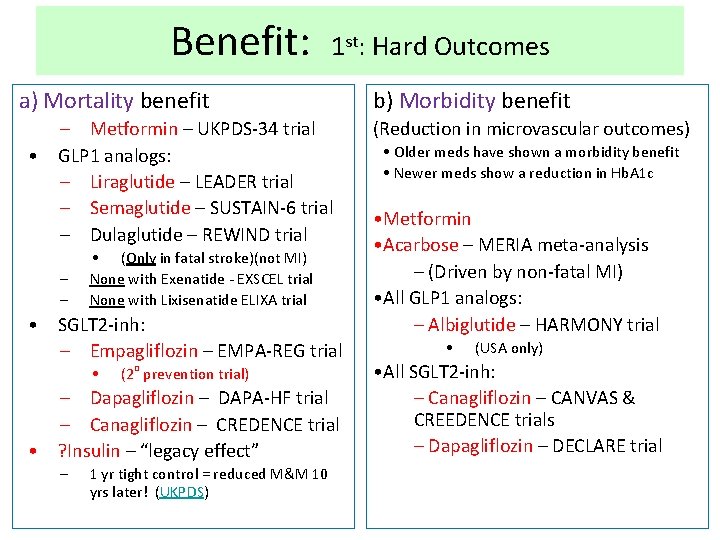 Benefit: 1 st: Hard Outcomes a) Mortality benefit – Metformin – UKPDS-34 trial •