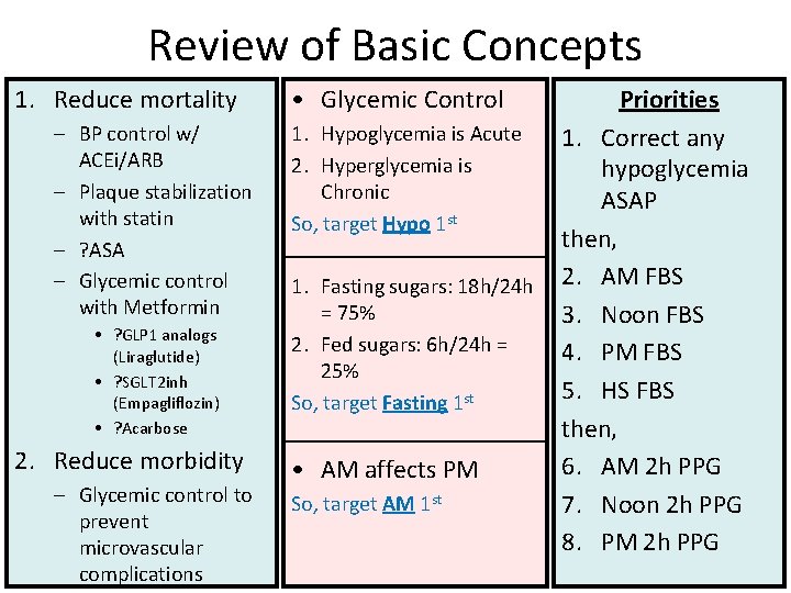 Review of Basic Concepts 1. Reduce mortality – BP control w/ ACEi/ARB – Plaque