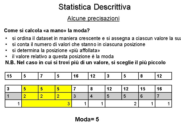 Statistica Descrittiva Alcune precisazioni Come si calcola «a mano» la moda? • si ordina