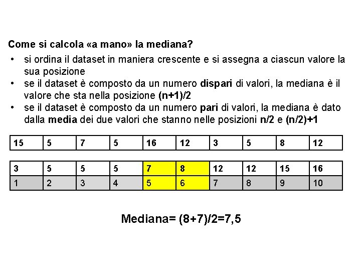 Come si calcola «a mano» la mediana? • si ordina il dataset in maniera