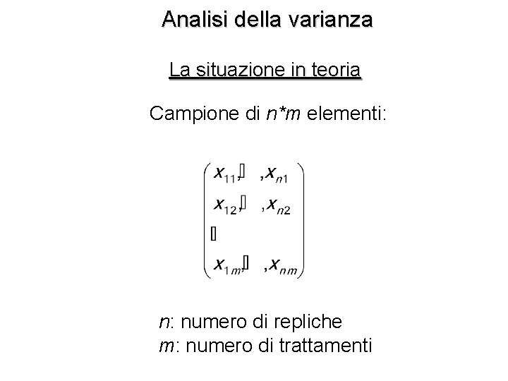 Analisi della varianza La situazione in teoria Campione di n*m elementi: n: numero di