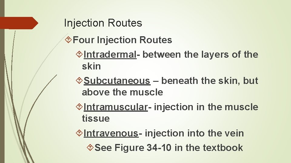 Injection Routes Four Injection Routes Intradermal- between the layers of the skin Subcutaneous –