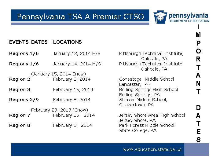 Pennsylvania TSA A Premier CTSO EVENTS DATES LOCATIONS Regions 1/6 January 13, 2014 H/S