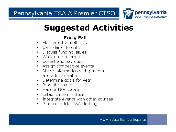 Pennsylvania TSA A Premier CTSO Suggested Activities Early Fall • • • • Elect