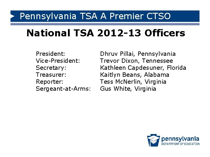 Pennsylvania TSA A Premier CTSO National TSA 2012 -13 Officers President: Vice-President: Secretary: Treasurer: