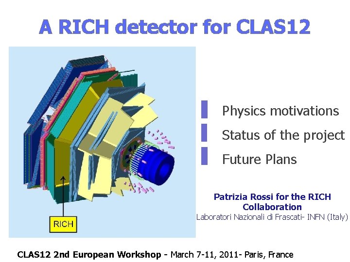 A RICH detector for CLAS 12 Physics motivations Status of the project Future Plans