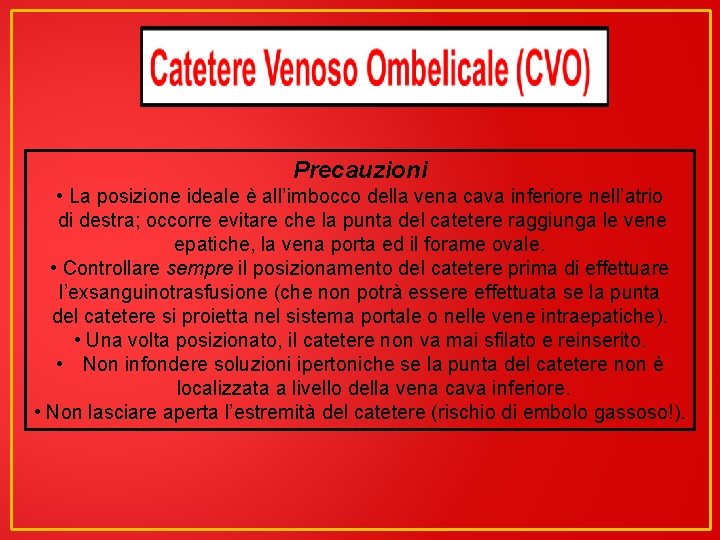 Precauzioni • La posizione ideale è all’imbocco della vena cava inferiore nell’atrio di destra;