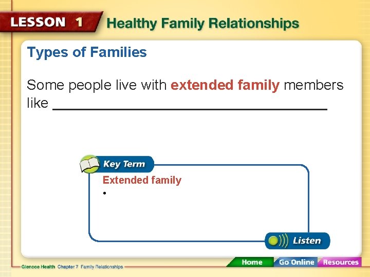 Types of Families Some people live with extended family members like Extended family •