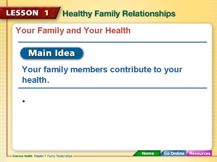 Your Family and Your Health Your family members contribute to your health. • 