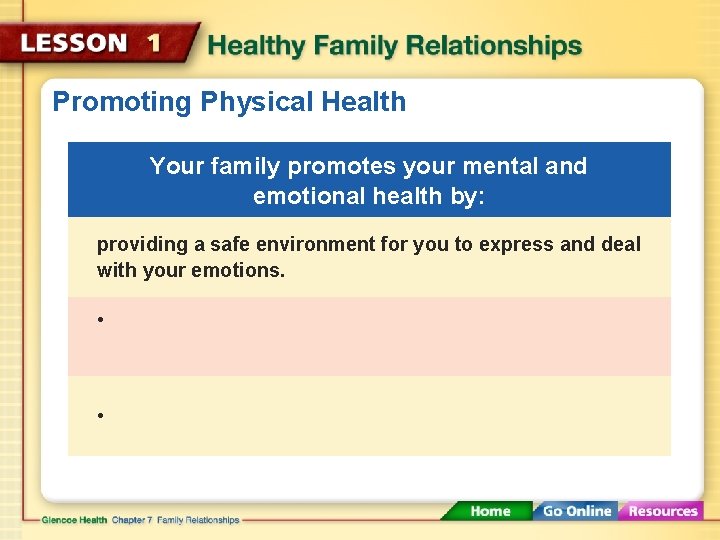 Promoting Physical Health Your family promotes your mental and emotional health by: providing a