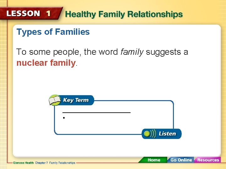 Types of Families To some people, the word family suggests a nuclear family. •