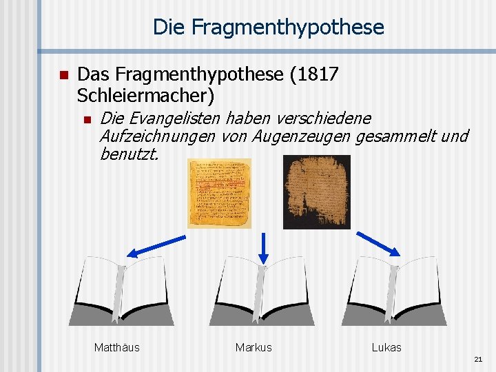 Die Fragmenthypothese n Das Fragmenthypothese (1817 Schleiermacher) n Die Evangelisten haben verschiedene Aufzeichnungen von