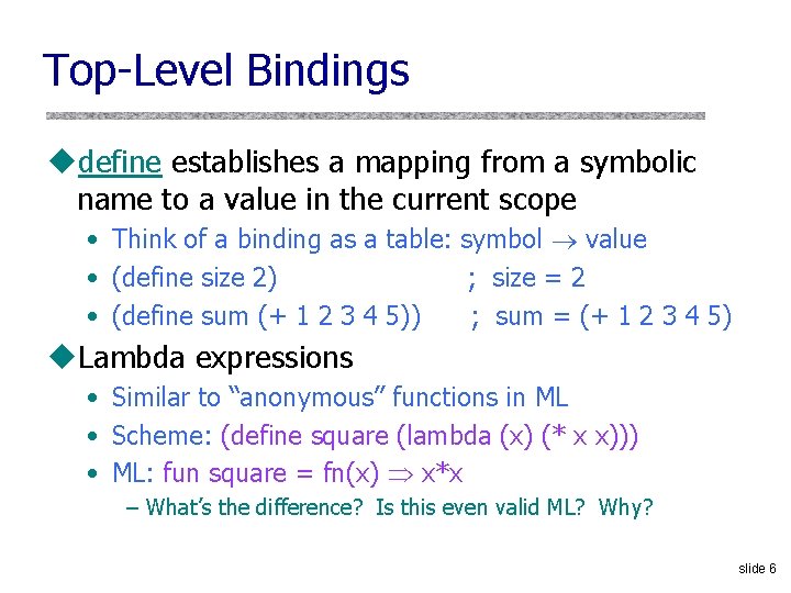 Top-Level Bindings udefine establishes a mapping from a symbolic name to a value in