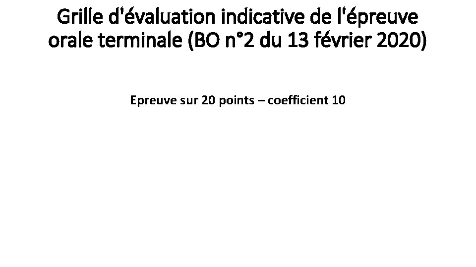 Grille d'évaluation indicative de l'épreuve orale terminale (BO n° 2 du 13 février 2020) Grille d'évaluation indicative de l'épreuve orale terminale (BO n° 2 du 13 février 2020)