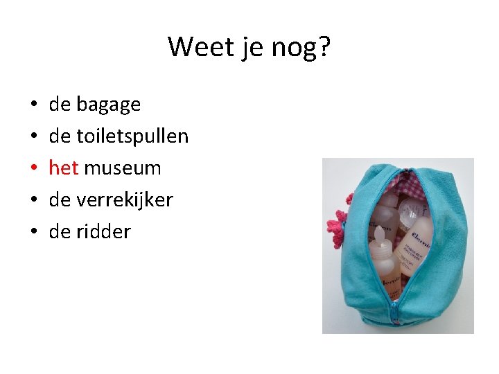 Weet je nog? • • • de bagage de toiletspullen het museum de verrekijker