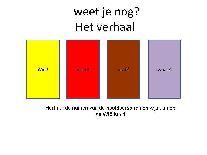 weet je nog? Het verhaal Wie? doet? waar? Herhaal de namen van de hoofdpersonen