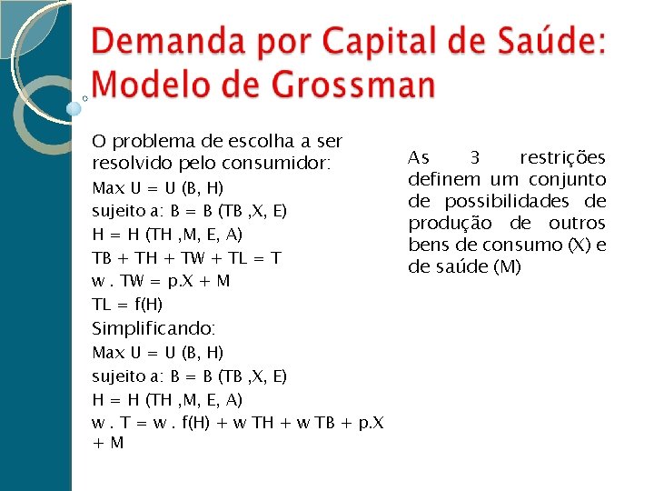 O problema de escolha a ser resolvido pelo consumidor: Max U = U (B,